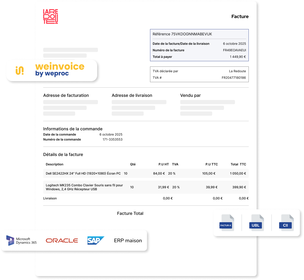 Aperçu d'une facture électronique B2B conforme — La Redoute, 1 449,90 € TTC du 6 octobre 2025 — émise par WeInvoice by Weproc au format Factur-X, UBL 2.1 ou CII, avec connecteurs ERP Microsoft Dynamics 365, Oracle, SAP et ERP maison.